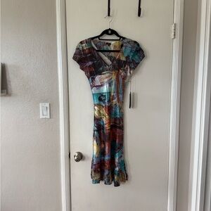 Komarov Blue and Gold Abstract Midi Dress